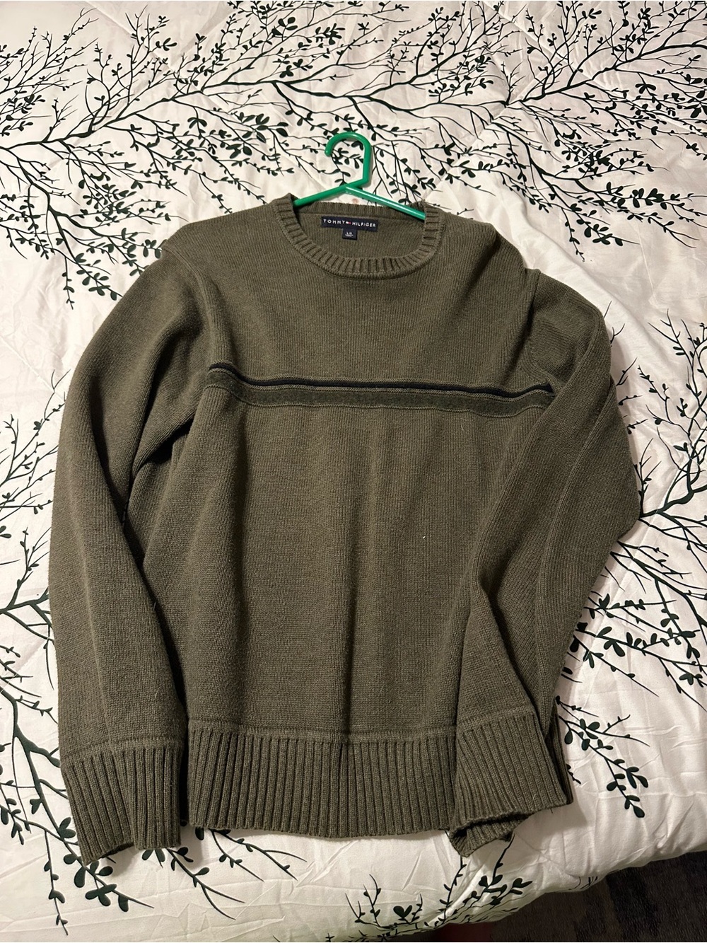 Tommy Hilfiger Men's Olive Crewneck Sweater with Chest Stripe